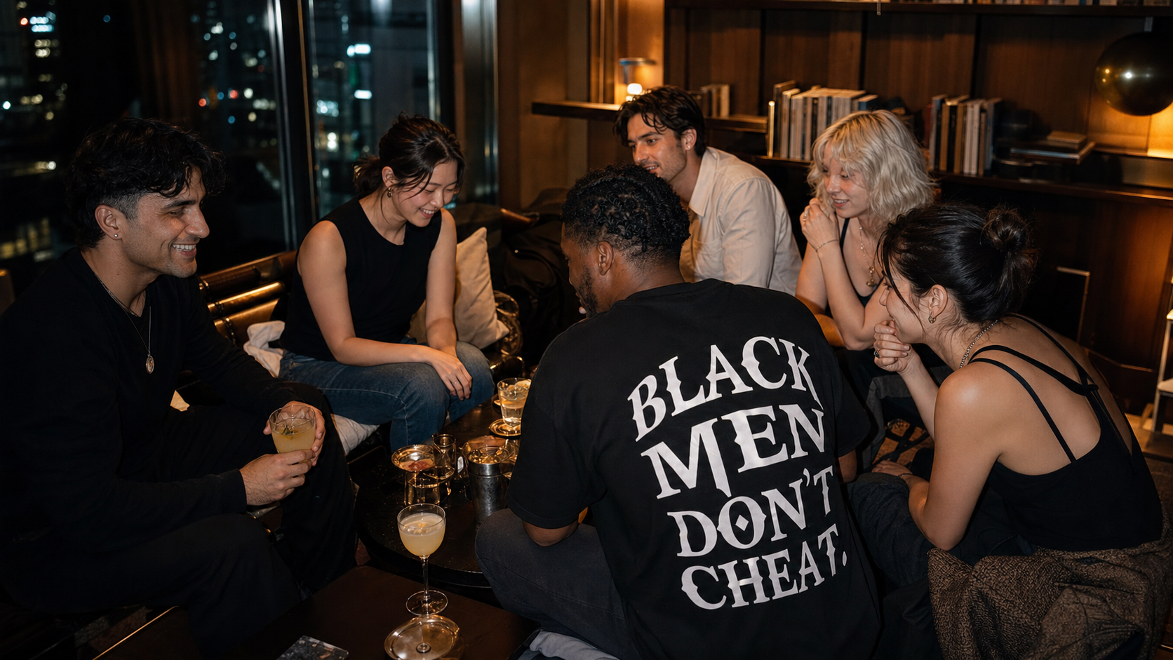 Friends spending an evening together in a Tokyo bar, with the Debut Tee at the center