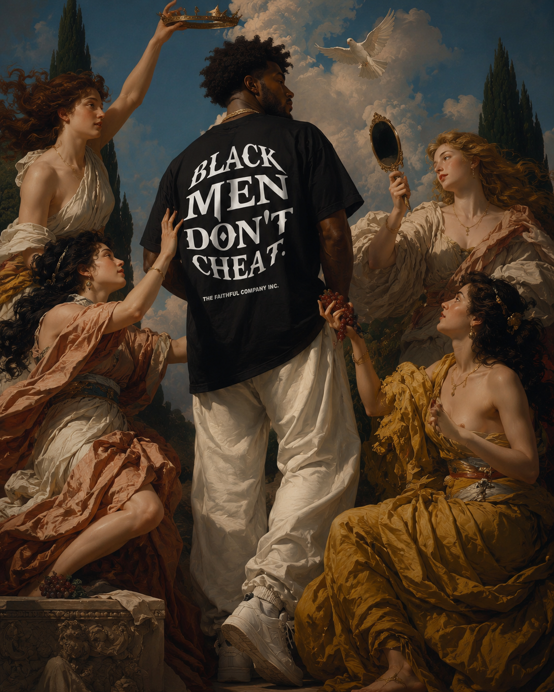Painterly allegory featuring the back of the Debut Tee
