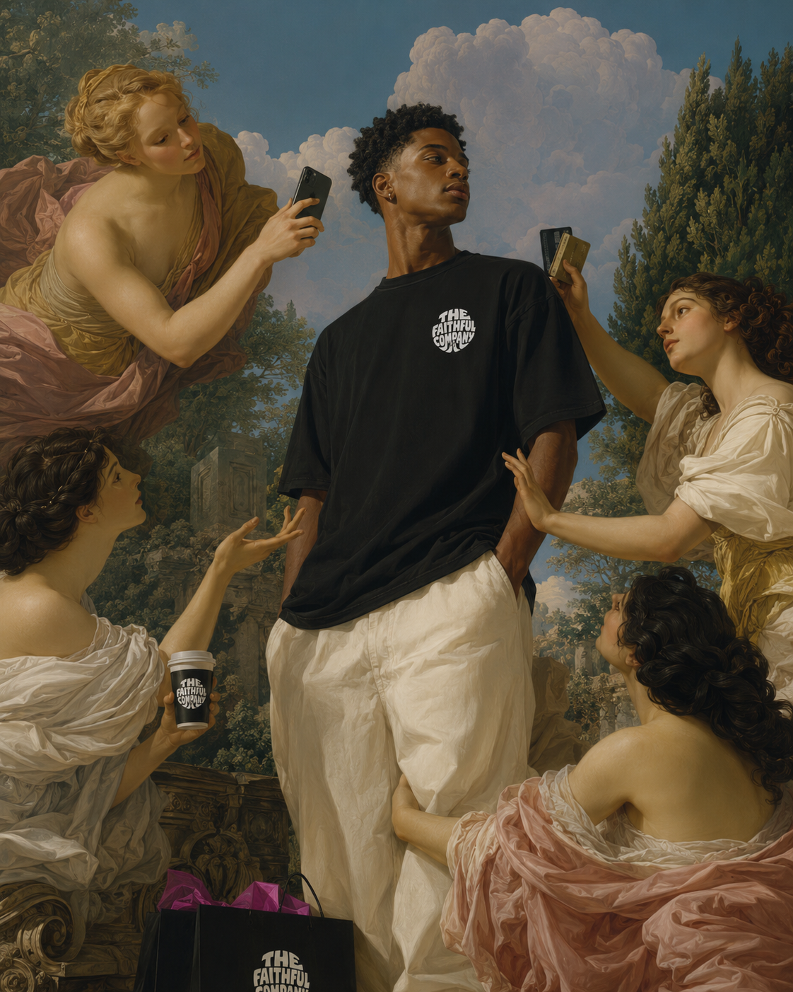 Painterly allegory featuring the front of the Debut Tee
