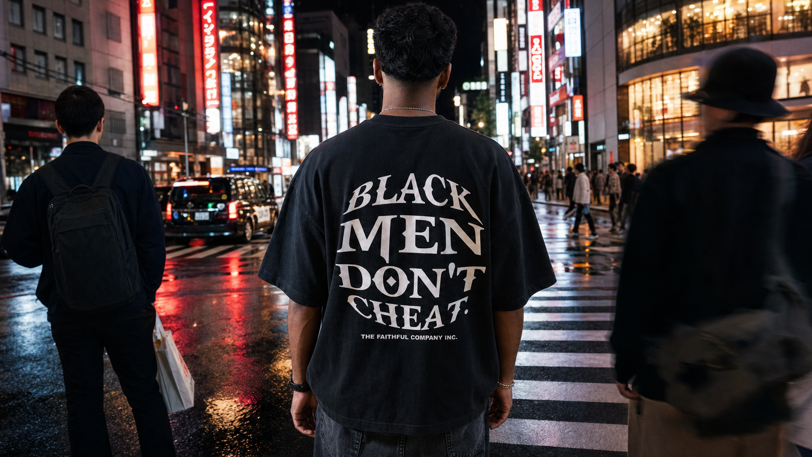 Back view of the Debut Tee beneath Tokyo city lights